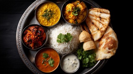 Indian thali meal with rice, dal, naan, curry, chutney, and dessert, displayed on a traditional steel plate.