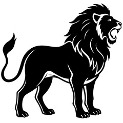 Powerful silhouette of a roaring lion standing majestically isolated on white background