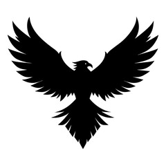 Striking silhouette of a powerful eagle with wings spread wide isolated on white background