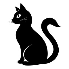 Elegant silhouette of a sitting cat with its tail gracefully wrapped around its body isolated on white background