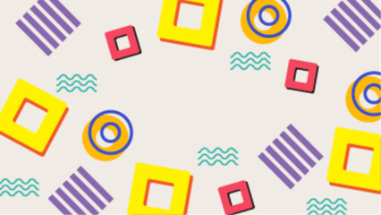 Colorful abstract design with squares, circles, and wavy lines. Suitable for backgrounds, patterns, digital art, stationery, and posters.