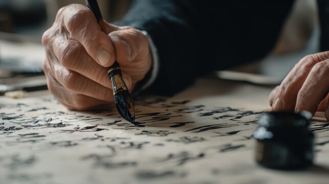 Elderly Hands Practicing Ink Brush Calligraphy