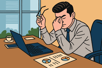 Vector Illustration of a businessman overwhelmed at his desk amidst work tasks, depicting workplace stress through paper analysis and use of technology.