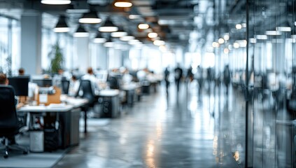 Blurred office interior background with a blurred door and glass wall, blurry bokeh light effect for a business concept design. High-quality photo, taken with a telephoto lens in realistic daylight.