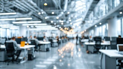 Obraz premium Blurred office interior background with a blurred door and glass wall, blurry bokeh light effect for a business concept design. High-quality photo, taken with a telephoto lens in realistic daylight.