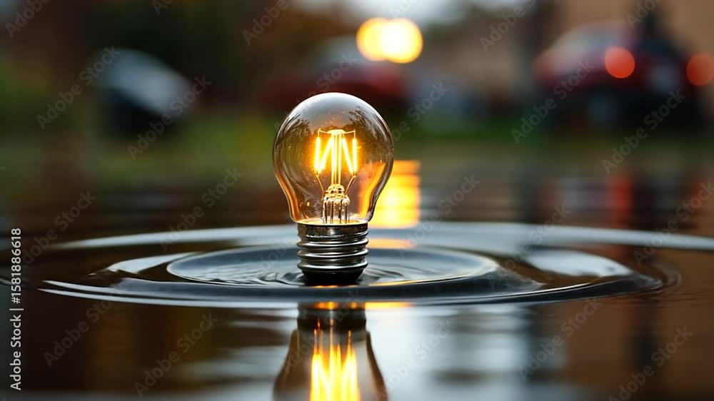 Poster a glowing light bulb sits in a puddle of water, creating concentric ripples. the background is blurr