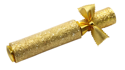 A single gold glitter christmas cracker with a ribbon bow, isolated on a white background