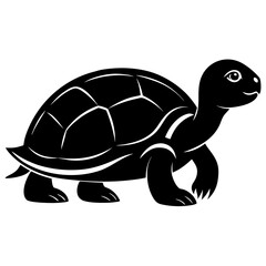 Simple black silhouette of a turtle crawling in a side profile view isolated on white background
