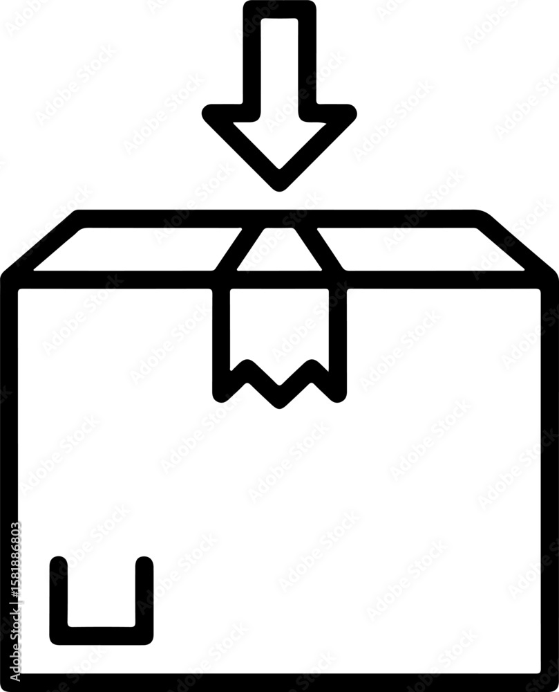 Poster simple black line icon of a cardboard box with a downward arrow indicating delivery or input