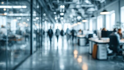 Blurred office interior background with a blurred door and glass wall, blurry bokeh light effect for a business concept design. High-quality photo, taken with a telephoto lens in realistic daylight.