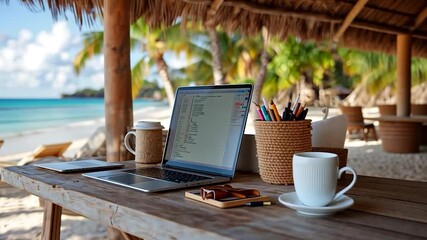 Laptop, coffee cup, and stationery on a beachside table under a thatched roof. Lounge chairs and ocean view - Powered by Adobe