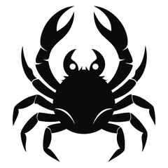 Bold black silhouette of a crab with raised claws isolated on white background