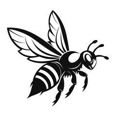 Black silhouette of a bee in flight with wings fully outstretched isolated on white background