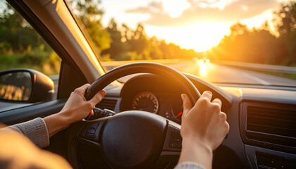 Fototapeta premium Person Driving Car on Open Road Into Beautiful Golden Sunset Light