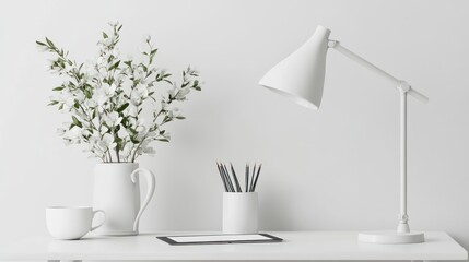 Simple white workspace with flowers