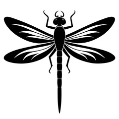 Elegant black silhouette of a dragonfly with open wings isolated on white background