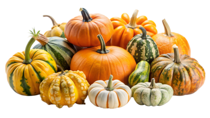 A vibrant assortment of autumn pumpkins and gourds isolated on a white background