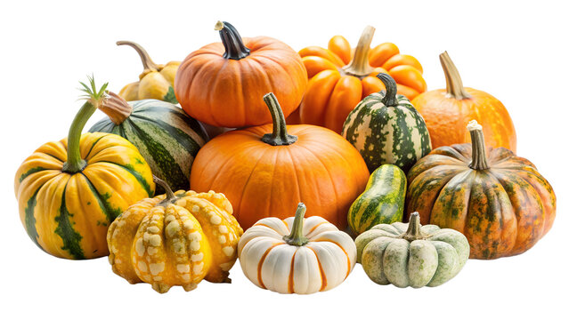 A vibrant assortment of autumn pumpkins and gourds isolated on a white background