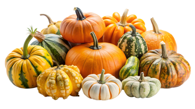 A vibrant assortment of autumn pumpkins and gourds isolated on a white background