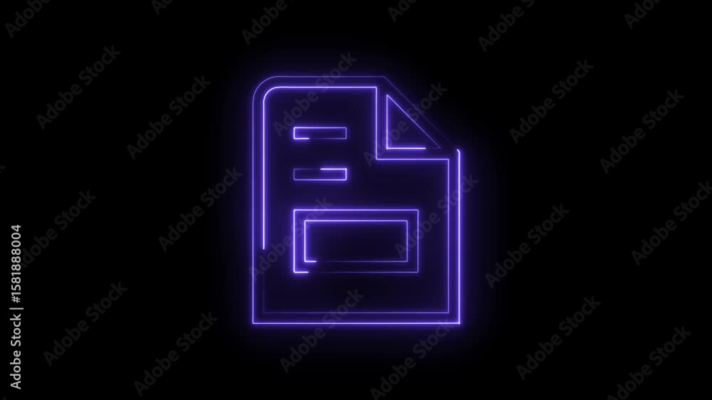 Poster glowing neon document file icon animation on black background for technology concept