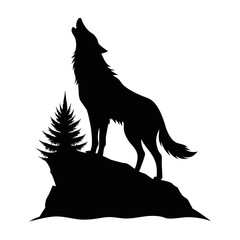 Black silhouette of a wolf howling on a rock isolated on white background