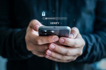 Person holding smartphone with security verification interface hands login
