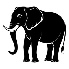 Majestic elephant silhouette with its trunk raised high isolated on white background