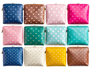 Fototapeta premium Top View of Assorted Cosmetic Bags and Pouches in Stylish Designs, Isolated on Transparent PNG