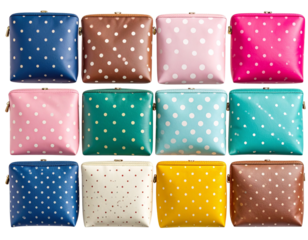  Top View of Assorted Cosmetic Bags and Pouches in Stylish Designs, Isolated on Transparent PNG