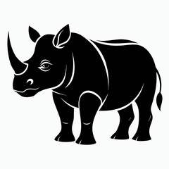 Black rhinoceros silhouette in profile showcasing its distinctive head and horn isolated on white background