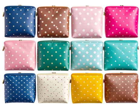  Top View of Assorted Cosmetic Bags and Pouches in Stylish Designs, Isolated on Transparent PNG - Powered by Adobe