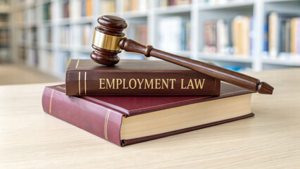 Employment labor law. Employment law book gavel legal workplace regulation justice and library setting on table
