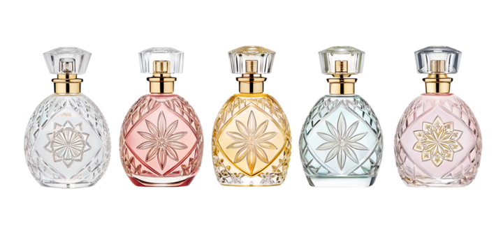 Elegant perfume bottles in diverse colors showcase beauty and sophistication for fragrance promotions