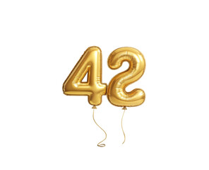Gold Balloon Number 42 Floating Against a Transparent Background for Celebratory Occasions