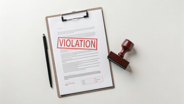 Employment labor law. Document clipboard pen violation stamp paper law legal office compliance warning business contract