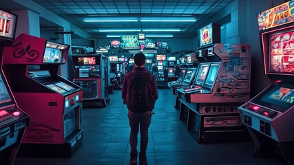 A person stands in a dimly lit arcade, surrounded by rows of vibrant, colorful arcade games. Neon lights cast a pink and blue glow, creating a retro atmosphere - Powered by Adobe