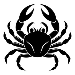 Striking black silhouette of a crab with claws raised isolated on white background