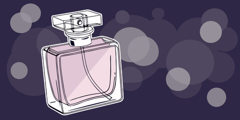 Perfume in antique isolated glass bottle with blurry lights in dark navy blue background vector illustration.