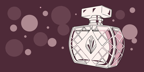Perfume in antique isolated glass bottle with blurry lights in dark purple pink background vector illustration.