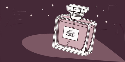 Perfume in antique isolated glass bottle with blurry lights in dark purple pink background vector illustration.