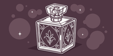 Perfume in antique isolated glass bottle with blurry lights in dark purple background vector illustration.