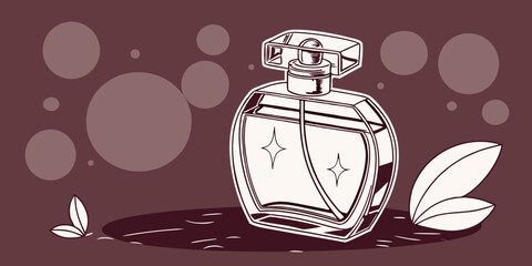 Perfume in antique isolated glass bottle with blurry lights in dark red background vector illustration.