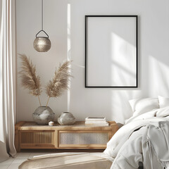 Black border frame mockup with ISO A0 poster, calm bedroom interior mockup with wooden nightstand and layered textures, soft natural daylight, Scandinavian styling with wall-mounted frame, 3D render