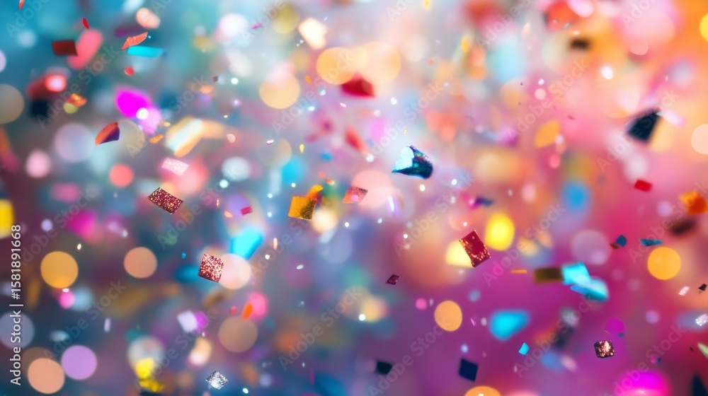Poster colorful confetti falling in front of a vibrant multicolored background with soft bokeh lights, fest