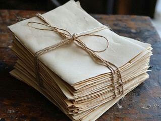 Stacked Vintage Envelopes Bound with Twine on a Rustic Table Surface