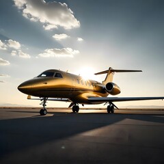 Fototapeta premium Golden private jet parked during sunrise sky high resolution picture