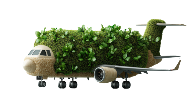 Unique airplane model covered with lush green plants and moss, eco friendly aircraft design