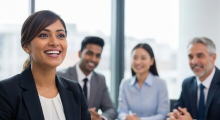 Fototapeta premium 3d illustration of a businesswoman leads a meeting with her team in a bright office