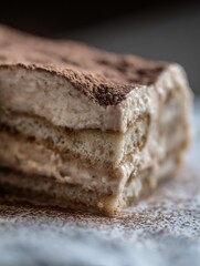 Close Up of Delicious Tiramisu Dessert, Layers of Creamy Mascarpone and Cocoa Powder.