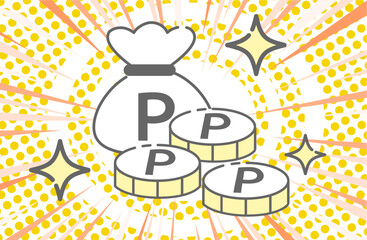 Point reward coins and bag with comic style sparkles